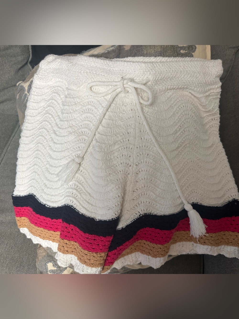 White Crochet Tie-Waist Shorts with Color Stripe Detail from House of Harlow